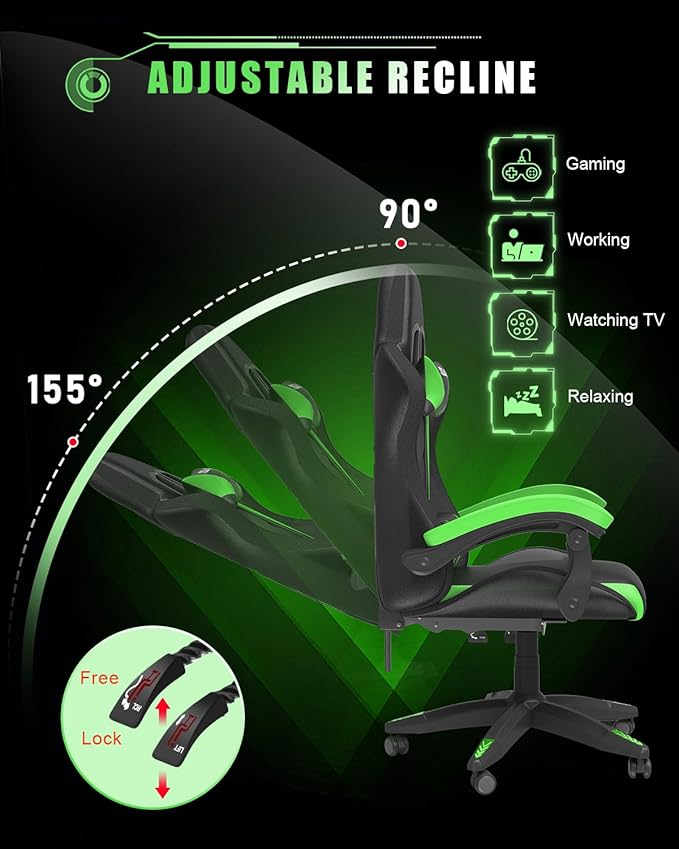 Gaming Chair with RGB LED Lights Ergonomic Computer Chair with Headrest and Lumbar Support PU Leather High Back Height Adjustable Swivel Video Game Chairs for Adults(Green)