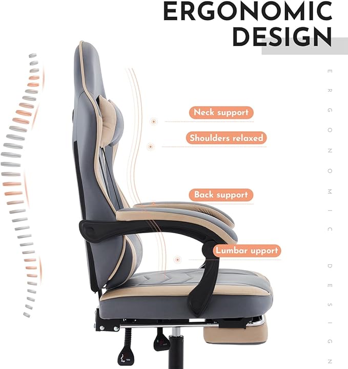 Office Gaming Chairs for Adults Comfortable Computer Gaming Chair with Footrest &amp Headrest and Lumbar Support PU Leather High Back Video Game Chairs (Beige+Blue)