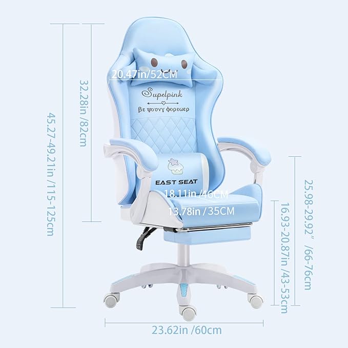Gaming Chairs for Adults Massage Computer Chair with Footrest and Lumbar Support Game Chair with 360°Swivel Seat for Office Gaming Girl (Bluefootrest)
