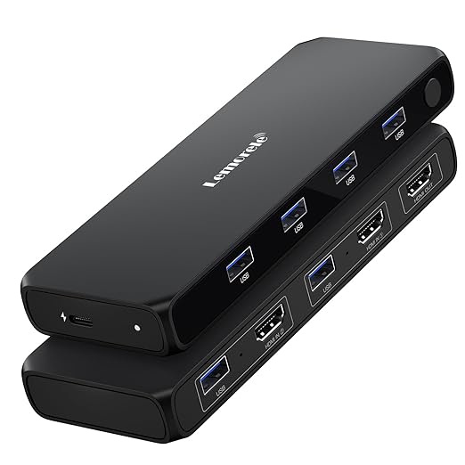 Lemorele KVM Switch 4K 2x1 2-Computer Sharing 1 Monitor with USB 3.0 Hub 4-Port USB for Mouse Keyboard Plug and Play USB-C Powered 4K@30Hz (2 USB Cables Included)