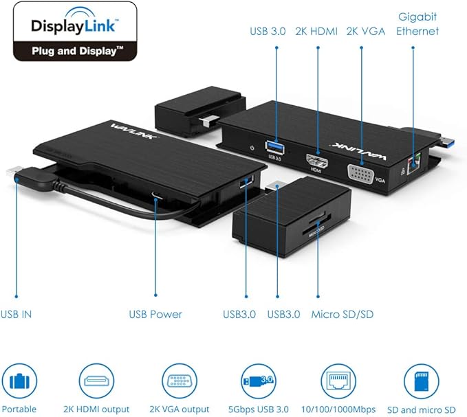 Wavlink Universial USB 3.0 Dual-Head Mini Docking Multi-Display HDMI/VGA with Gigabit Ethernet USB 3.0 Port Removable Card Reader HDMI up to 2560x1440 and VGA 1920x1200 Supports Windows