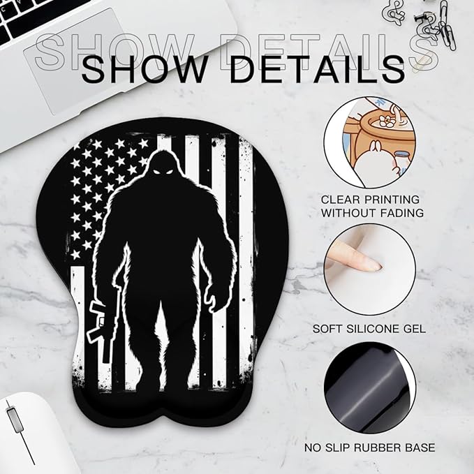 Mousepad America Flag Gorilla Sasquatch Ergonomic Wrist Support Non-Slip Base Mouse Mat with Wrist Rest Computer Mousemat for Desk Work Accessories Pad