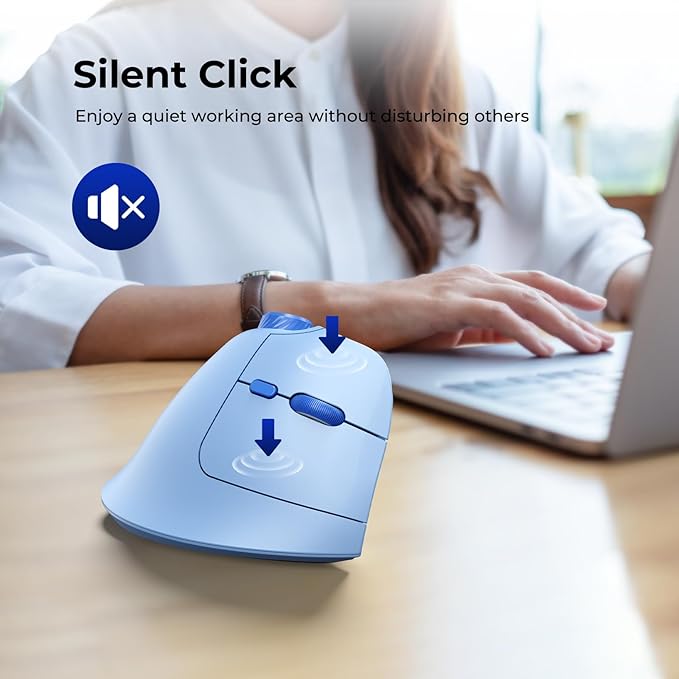 seenda Ergonomic Mouse Wireless MOU-302 Bluetooth Vertical Mouse Rechargeable Optical Mice with 1000/1600/2400 DPI Volume Knob 3 Multi-Device Connectivity for Computer/PC/Laptop/Mac Blue