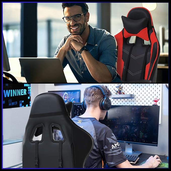 BestOffice | Ergonomic Gaming Chair | Red | Reclining Computer Chair with Lumbar Support Headrest Pillow Adjustable Footrests | 360 Swivel with Heavy Duty Wheels | for Home &amp Office