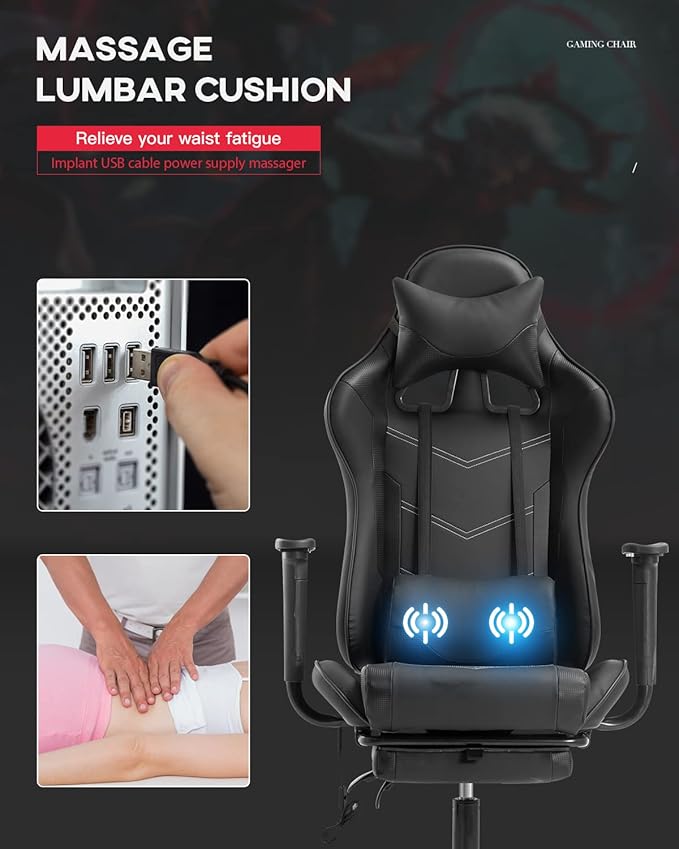 PU Leather Ergonomic Gaming Chair with Massage Lumbar Support Footrest and Armrest - Big and Tall Racing Style for Adults Gaming Work Study
