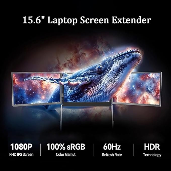 15.6”Laptop Tri-Fold Monitor 1080p Fhd Portable Laptop Screen Extender Type-C/HDMI/USB-C Plug-Play Triple Monitor with 360° Rotation Adjustable Viewing Angles Compatible with Windows and Macos (1pc)