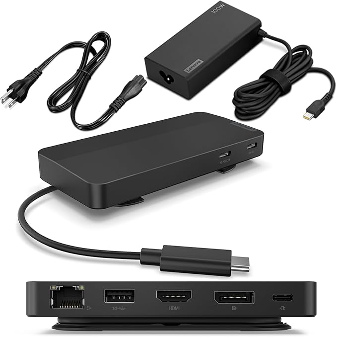 Lenovo USB-C Dual Display Travel Dock w/ 100W Power Adapter - 7 Ports Integrated USB-C Cable Universal Compatibility Dual Displays at 4K - Black