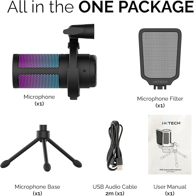 IXTECH USB Gaming Microphone for PC RGB Condenser Microphone with Tripod Stand Pop Filter Rotate Gain Button and Quick Mute Noise Cancellation Computer Mic for Streaming Gaming Podcasting