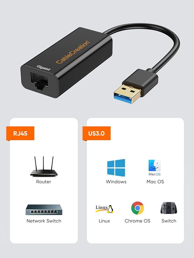 CableCreation USB 3.0 Gigabit Adapter (2-Pack) USB to RJ45 Network Adapter Supporting 10/100/1000 Mbps Compatible with Nintendo Switch Windows Mac macOS Linux Black