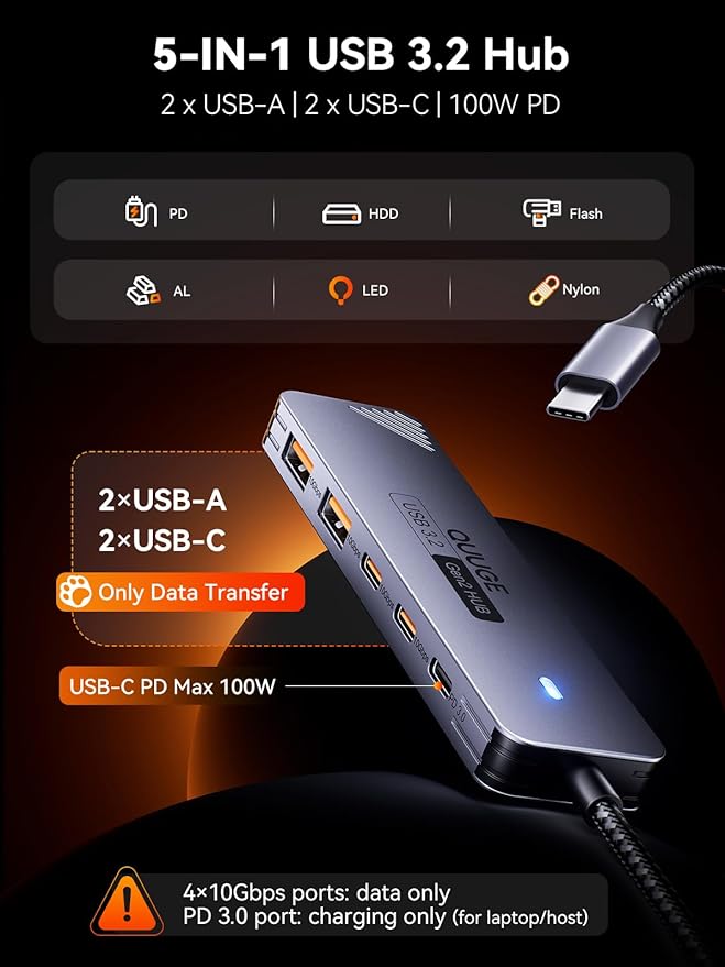 USB C Hub 10Gbps QUUGE 5-in-1 USB Splitter with 2 USB-A &amp 2 USB-C 3.2 and PD 100W Fast Transfer Aluminum Type-C Multiport Adapter with 100cm Nylon Cable for MacBook Air/Pro iPad Surface Pro X