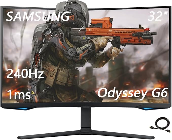 Samsung 32 Odyssey G65B Series Curved Gaming Monitor 240Hz 1ms QHD 2560 x 1440 Swivel &amp Tilt Adjustable Stand Smart TV Apps Gaming Hub Black with HDMI Cable