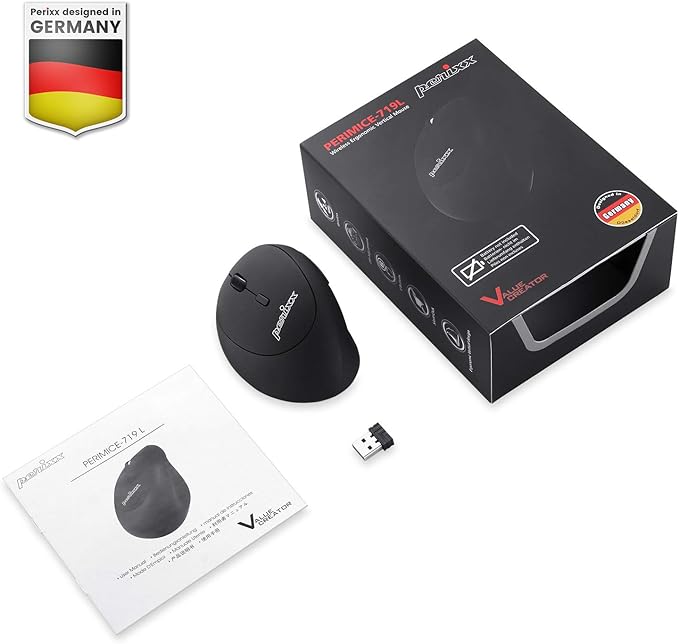 Perixx Perimice-719L Left Handed Wireless Vertical Mouse Portable Size for Laptops Computer 3 Level DPI (Pack of 2)
