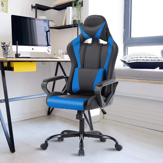 Racing Style Gaming Chair Office Chair High Back Computer Chair Leather Desk Chair Ergonomic Executive Chair Adjustable Video Game Chair Swivel Task Chair w/Headrest and Massage Lumbar Support Blue