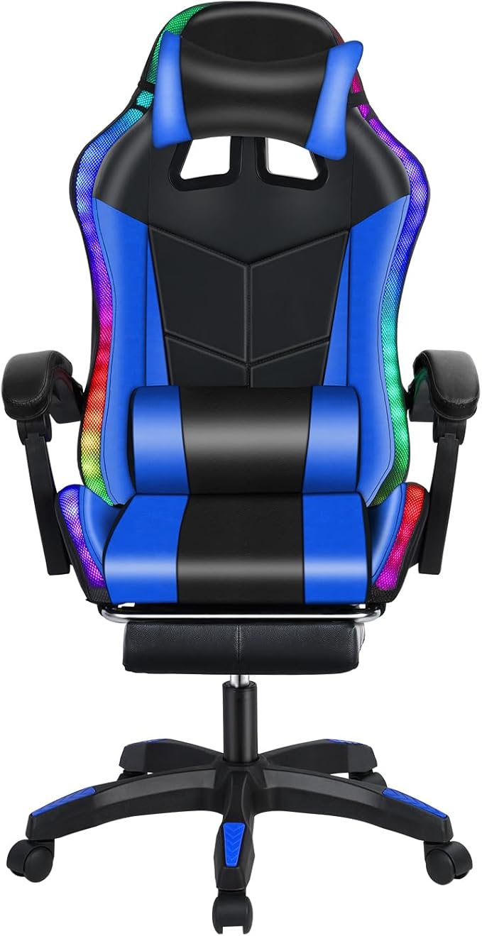 Gaming Chair with Bluetooth Speakers Lights &amp Massage Ergonomic High-Back Office Chair with Retractable Footrest 360° Swivel Adjustable Faux Leather Computer Chair for Home &amp Office