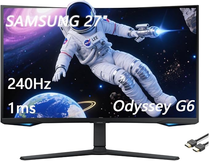 Samsung 32 Odyssey G6 Series QHD Gaming Monitor 240Hz 1ms 1000R Curved Swivel &amp Tilt Adjustable Stand Black with GSF HDMI Cable