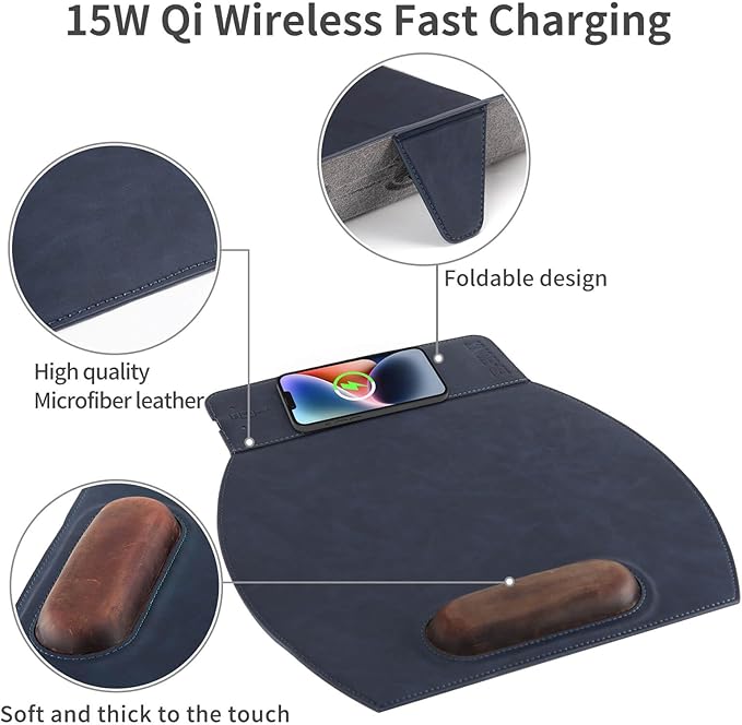 Magnetic Wireless Charging Mouse Pad with Ergonomic Design Mousepad with Wrist Support Foldable Mousepad with Wrist Rest and for Computer Laptop Office &amp Home 14 x 12.1 in Blue