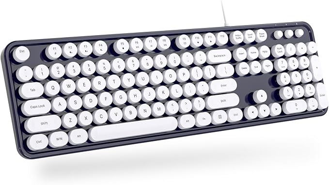 Computer Keyboard Wired Plug Play USB Retro Round Typewriter Keyboard Full Size Wired Keyboard with Foldable Stands for Laptop and Office PC
