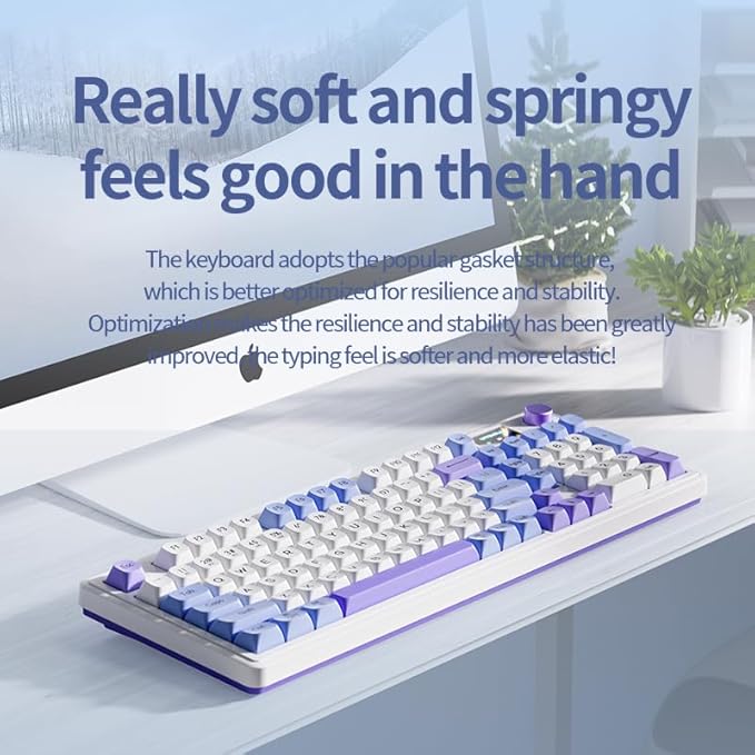L98 96% Membrane KeyboardTri-Mode Connectivity RGB BacklightsRotary Knob+ScreenGasket MountedSa Profile Keycaps98 Keys Software Programmable Gaming Keyboard for MAC/Win (Blue Purple)
