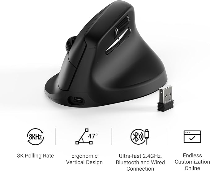 Keychron M5 Wireless Ergonomic Mouse 8000Hz Tri-Mode 2.4 GHz/Bluetooth 5.1/Wired PixArt 3950 Sensor 30000 DPI Ergonomic Lightweight Programmable Macro Button for Windows PC/Mac - Black