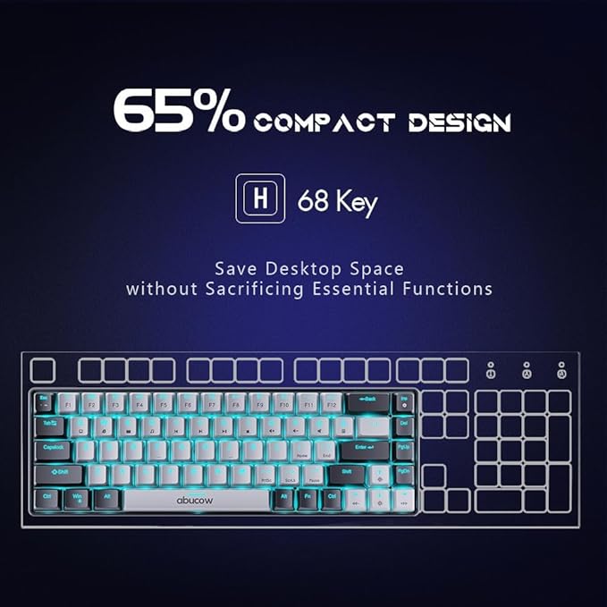 abucow 65% Mechanical Gaming KeyboardBlue Switch Wired Compact Keyboard with Blue Backlight Swappable Black Gray Keycaps for Windows/Mac