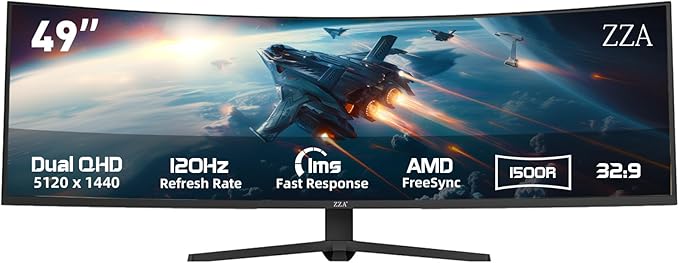 ZZA 49 Inch Ultrawide Curved Gaming Monitor 120Hz DQHD 5120x1440P 1500R Ultra-Wide 32:9 Screen 1ms MPRT HDR FreeSync G-Sync Compatible VESA Compatible Height/Tilt Adjustable