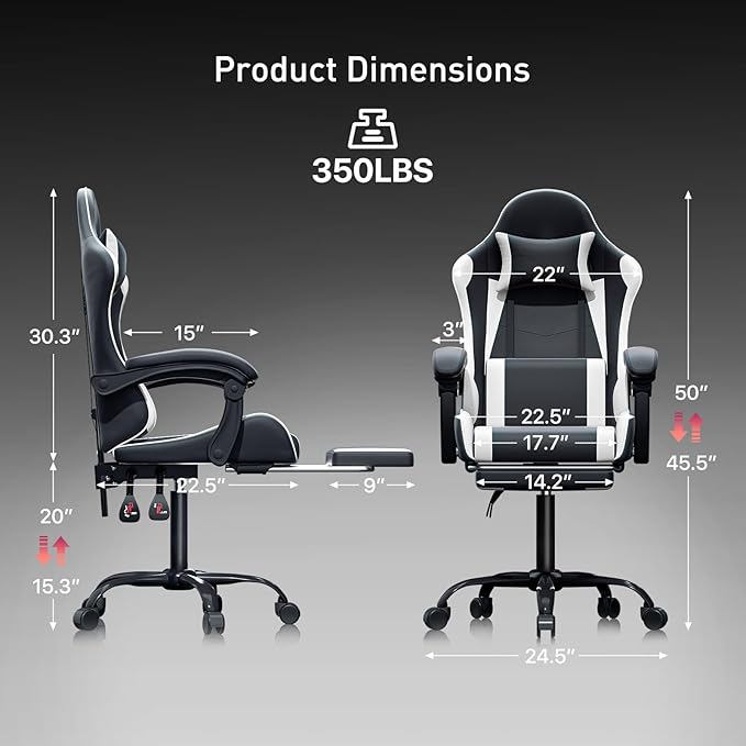 MoNiBloom Gaming Chair with Headrest &amp Lumbar Support Ergonomic Computer Racing Chair with Footrest Adjustable Hight Leather Swivel Computer Chair for Adult Teen Office or Gaming White