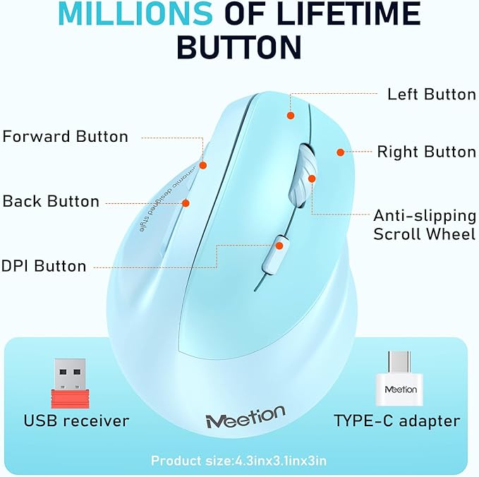 MEETION Ergonomic Mouse Wireless Vertical Mouse RGB Backlit Rechargeable Mice for Bluetooth(5.2 + 3.0) &amp USB-A with Type-c Adapter 4 Adjustable DPI Mac/Windows/Andriod/PC/Tablet/iPad Blue