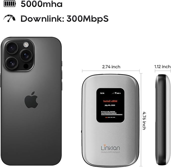 eSIM Global WiFi Hotspot 16-Device 4G LTE for 180+ Countries No SIM/Contract Compact Travel Router Compact Wireless Router for International Travel &amp Business【Free 5GB US Data for 15 Days】