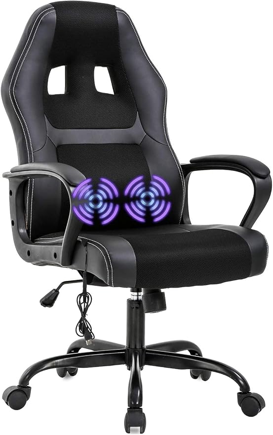 High-Back Racing Gaming Chair with Massage Lumbar Support - Ergonomic Adjustable Swivel - Black PU Leather - Perfect for Home Office or Gaming (Black)