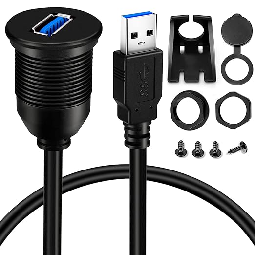 BATIGE Single Port USB 3.0 Male to Female AUX Car Mount Flush Cable Waterproof Extension for Car Truck Boat Motorcycle Dashboard Panel - 3ft 5 Pack