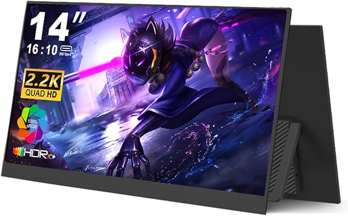 Portable Monitor 14 inch 2.2K QHD USB C HDMI Ultra-Slim IPS Travel Display &amp Speakers HDR Plug&ampPlay External Monitor for Laptop PC PhoneMac