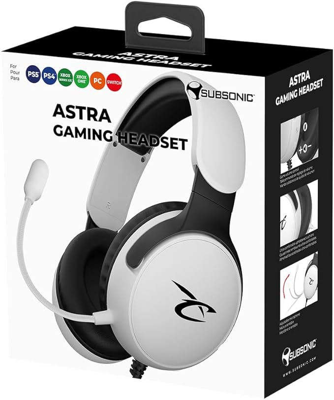 Subsonic - Astra gaming headset for PS5 PS4 PC Xbox gamer headset with 40 mm speakers tiltable microphone integrated volume control and mute button - White and black