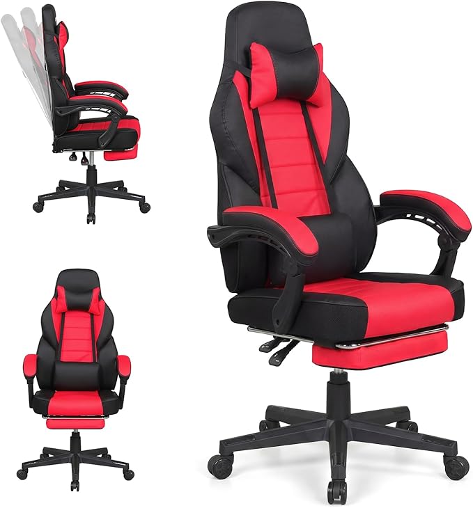 Giantex Gaming Chair Ergonomic Video Game Chair w/Footrest Lumbar Support Headrest Reclining Backrest &amp Linkage Armrests Height Adjustable 360° Swivel Computer Desk Chair for Home Office (Red