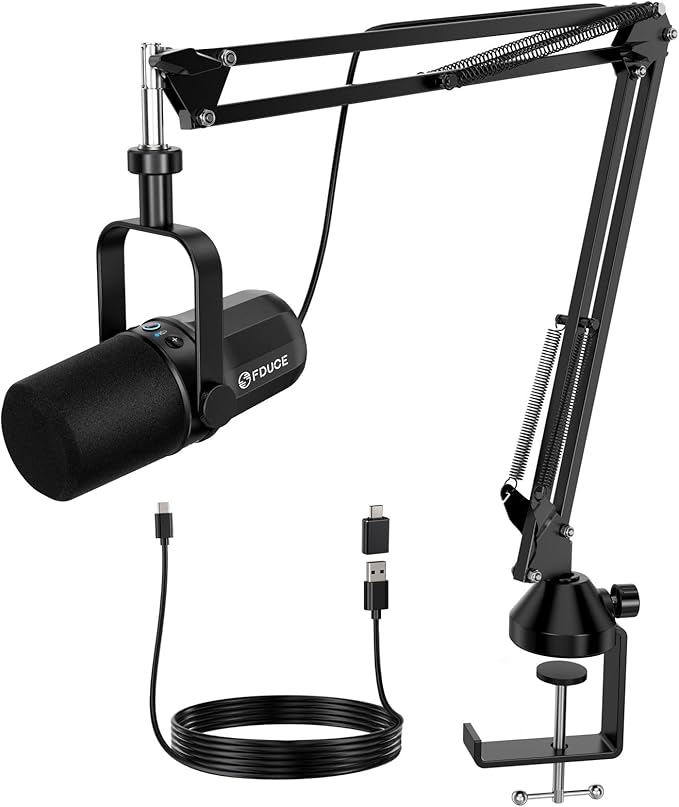 FDUCE Dynamic Microphone XLR/USB Podcast Recording PC Microphone for Vocal Voice-Over Streaming Studio Metal Mic with Mute Headphone Jack Monitoring Volume Control with Boom Arm (SL40+)