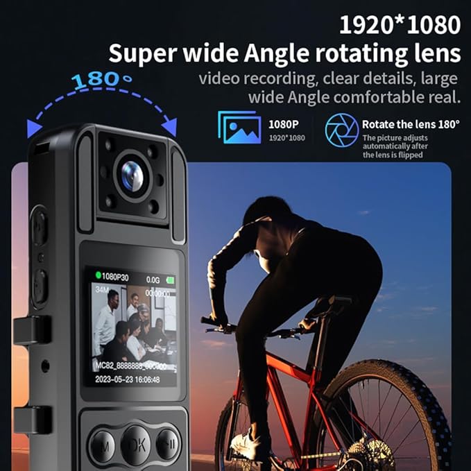 1080P Body Camera Mini Webcam with 180° Rotatable Lens IR Night Vision Audio Video Recording - One - Key Alarm Back Clip and Neck Strap Outdoor Personal Use