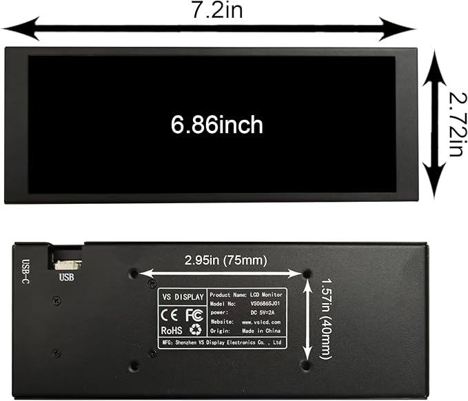 VSDISPLAY 6.86 Inch Computer Temp LCD Monitor 1280x480 IPS Mini Stretched Bar PC Case Screen Supports DIY CPU GPU RAM Data ThemeBlack