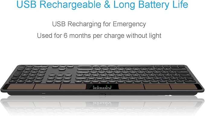Arteck Wireless Solar Keyboard Full Size Solar Recharging Keyboard for Computer/Desktop/PC/Laptop/Surface/Smart TV and Windows 10/8 / 7 / Vista/XP Built in Rechargeable Battery