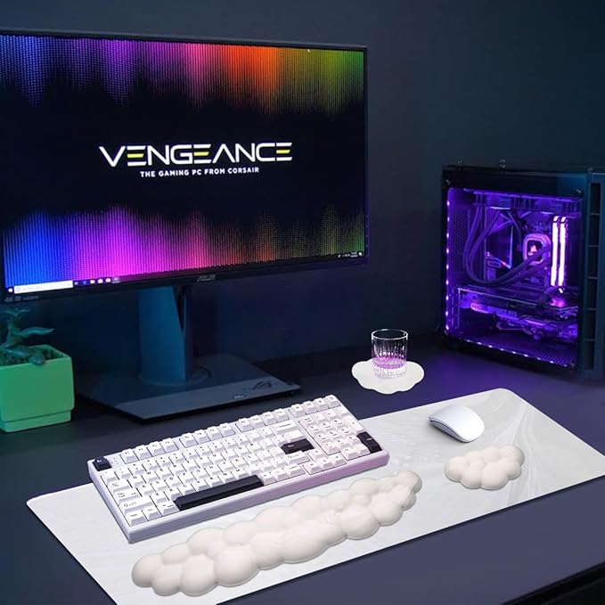 Gaming Desk Mat with Keyboard Wrist Rest Set 4 in 1 Large Mouse Pad &amp Cloud Keyboard Wrist Rest&amp Mouse Wrist Rest&ampCoaster Comfort and Support for Typing and Gaming(White)