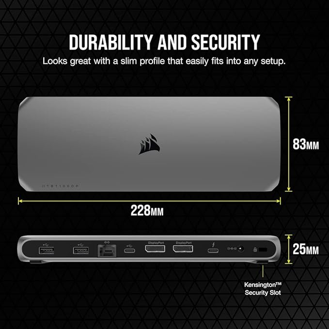 Corsair TBT100 DP Thunderbolt™ 3 Dock with DisplayPort - 2X DisplayPort 1.4 at up to 4K60-2X USB Type-C 10Gbps Ports - 3X USB Type-A 5Gbps Ports