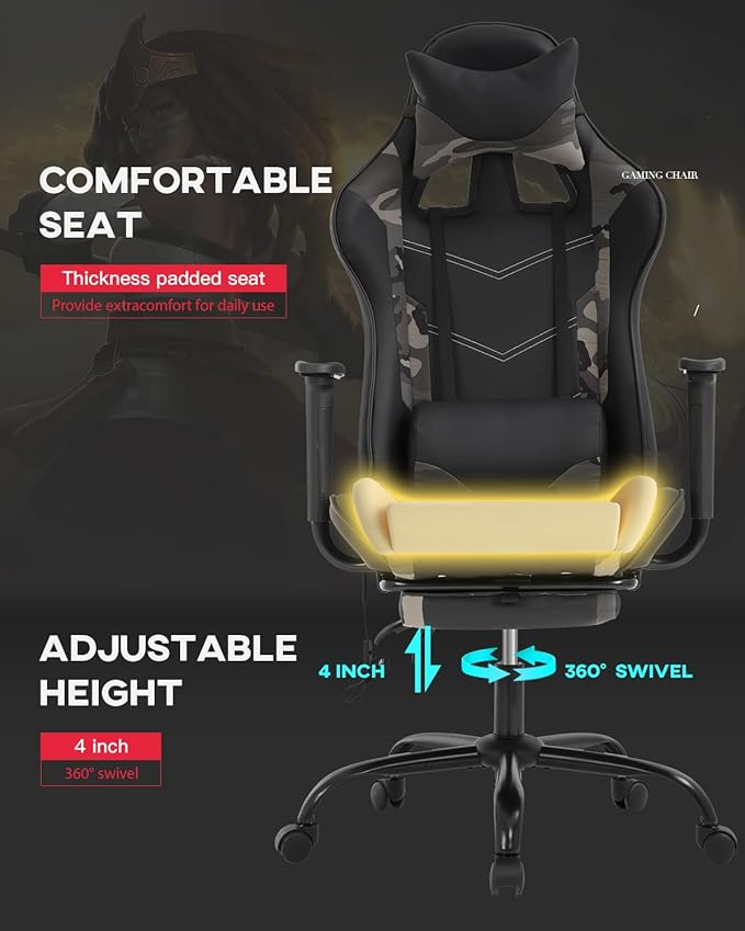 Ergonomic Gaming Chair PU Leather Massage Gaming Chair with Footrest/Armrest/Lumbar Support for Adults Gaming Work Study Racing Style Computer Chairs Big and Tall Gaming Chair