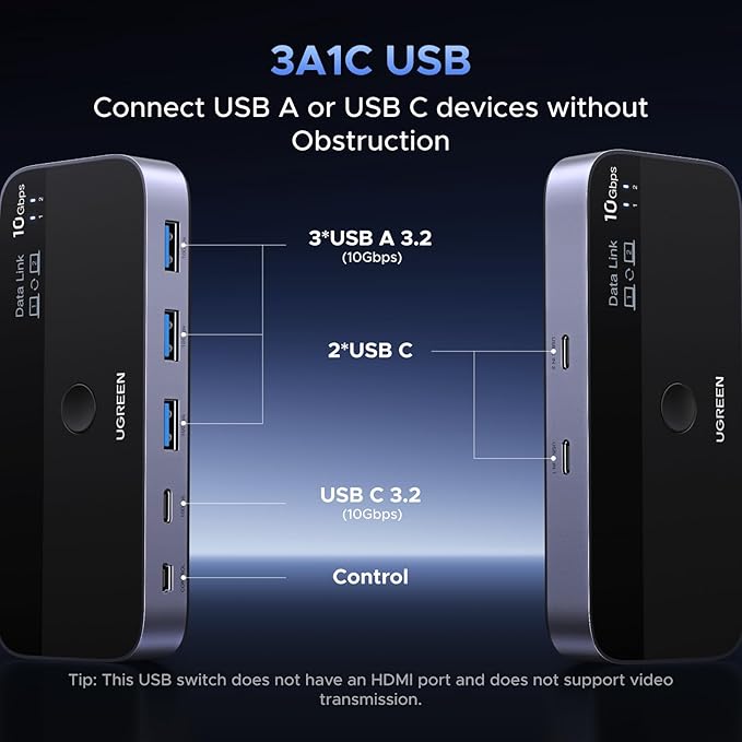 UGREEN 10 Gbps USB-C Switch Support File Sync &amp Cross-Screen Drag USBC 3.2 Switch 2 Computers Share 4 USB 3.2 Gen 2 Ports USB Switcher Selector Sharing Keyboard and Mouse with Controller