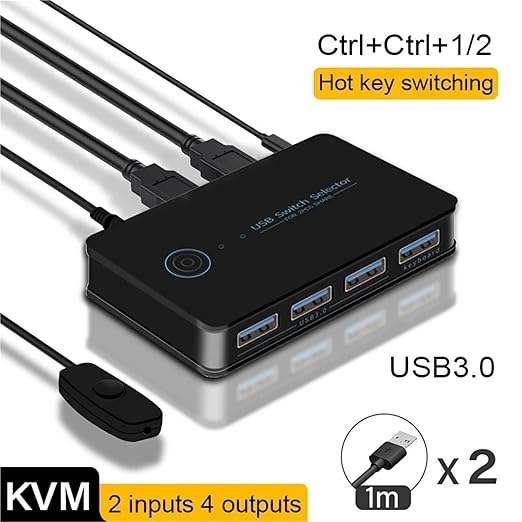 KVM USB 3.0 Switch Hotkey Switcher 2 in 4 Out USB Hub Shortcut Key Switch for Keyboard Mouse Printer Shared Controller USB KVM(Hot Key USB3.0)