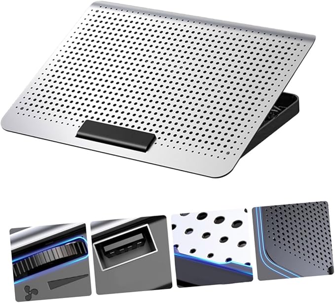 Multifunctional Aluminum Laptop Radiator Cooling Rack with Powerful Adjustable Fan Notebook Stand with Dual USB Ports Ergonomic Computer Holder for Heat Dissipation and Neck Relief