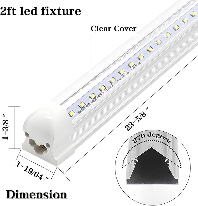 KALINA T8 V-Shape Integrated Single Fixture 2FT Led Tube Light 1680lm 6000k White 15W Utility Shop Light Ceiling and Under Cabinet Light Corded Electric with Built-in ON/Off Switch (Pack of 2)