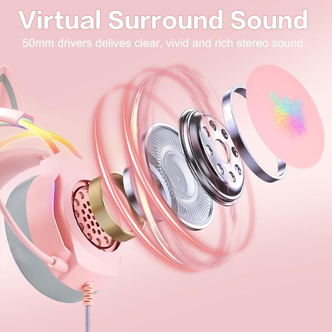 Gaming Headset with Microphone Cat Ear Headphones for PC Laptop PS4 PS5 Xbox Switch Rainbow RGB Lighting &amp Virtual Surround Sound 3.5mm Wired Over Ear Headphones Ergonomic