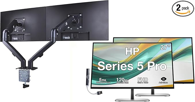 HP Series 5 Pro 27 FHD IPS Monitor With 5ms Response Time Anti Glare Flicker Free Swivel Pivot 350 Nits VESA Mount (100mm) Displayport HDMI Black 2 Pack w/DKZ Hub &amp ErgoFlexy Dual Mount