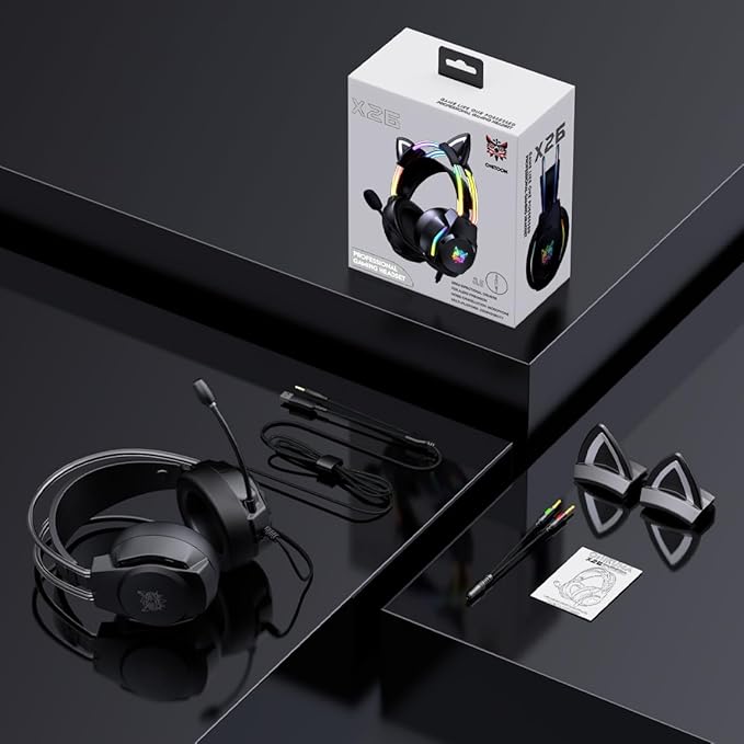 Gaming Headset with Microphone Cat Ear Headphones for PC Laptop PS4 PS5 Xbox Switch Rainbow RGB Lighting &amp Virtual Surround Sound 3.5mm Wired Over Ear Headphones Ergonomic