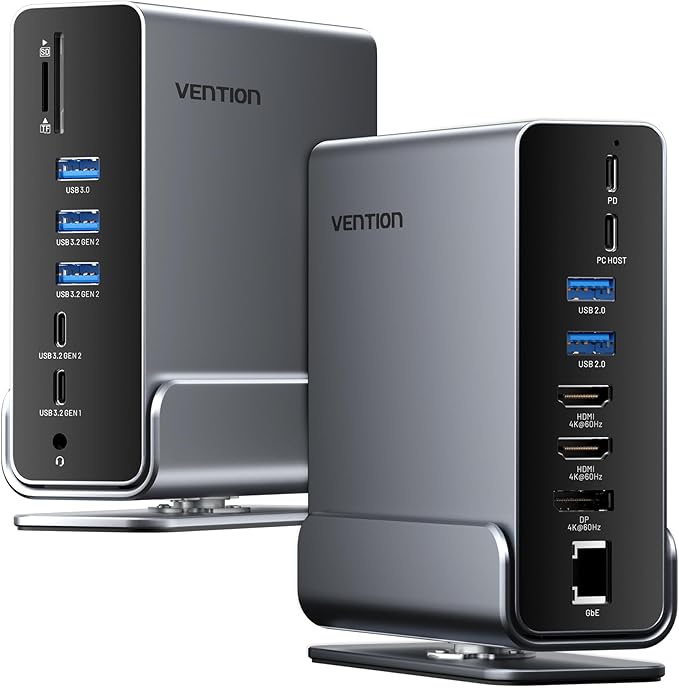VENTION 15-in-1 Laptop Docking Station Dual Monitor 360° Roatable Triple Monitor Docking Station with 2 * 4K HDMI and 1*DP PD 100W Charging for Laptop 10Gbps USB Port Transfer RJ45 Audio SD/TF