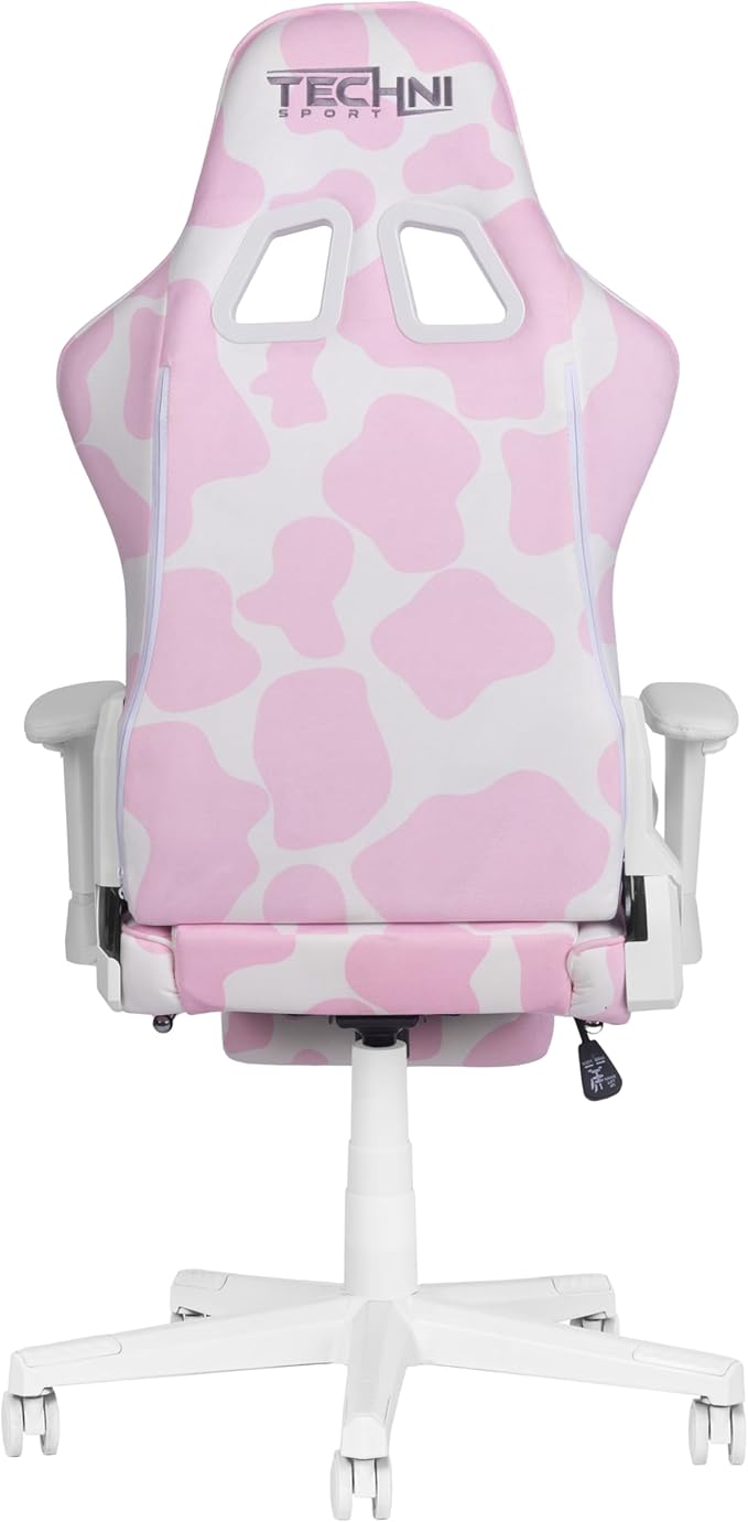 Techni Sport Gaming Chair - Pink Cow Print - Ergonomic Computer Chair with Fold-Away Footrest Memory Foam Lumbar Support Adjustable Armrests Reclining Back Horns &amp Ears Pillow 300 lbs Capaci