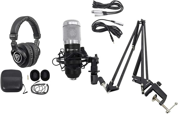 Rockville RCM01 Bundle: Pro Studio Recording Condenser Microphone with Metal Shock Mount DMS40 40 in Adjustable Boom Arm Mic Stand with Desk Clamp PRO-M50 Studio Headphones with Case 3-Items